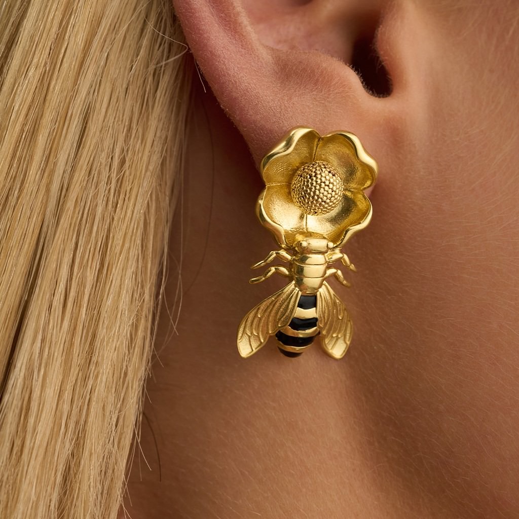Bee on Flower Earring with Black Enamel