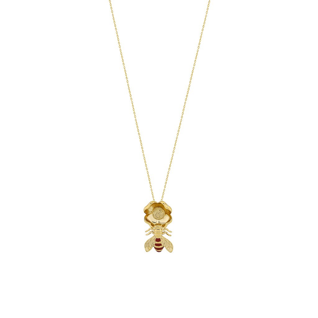 Bee on Flower Necklace with Coral Enamel