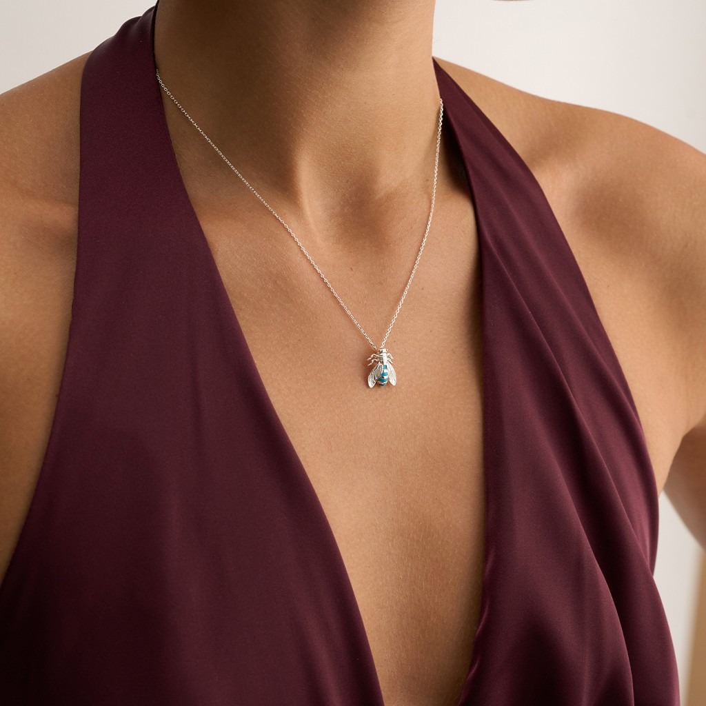 Single Bee Necklace with Turquois Enamel - Small( White)