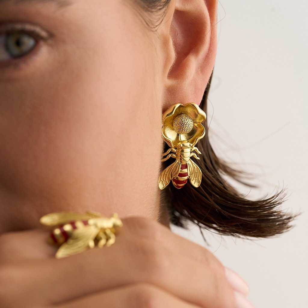 Bee on Flower Earring with Coral Enamel