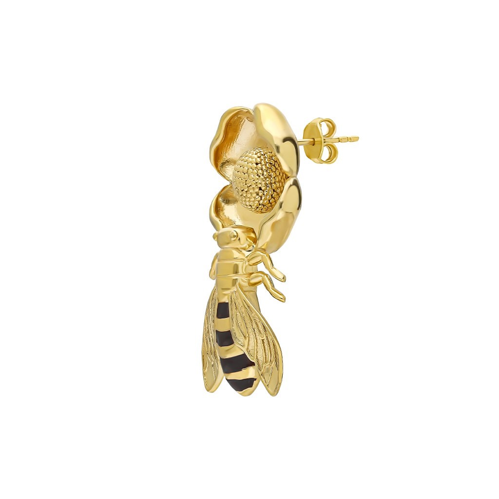 Bee on Flower Earring with Black Enamel