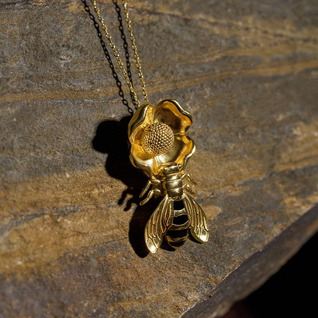 Bee on Flower Necklace with Black Enamel