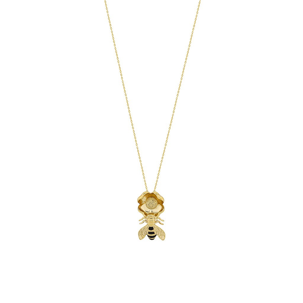 Bee on Flower Necklace with Black Enamel