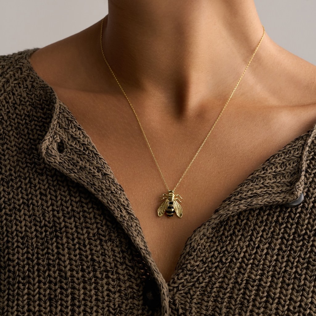 Single Bee Necklace with Black Enamel - Medium