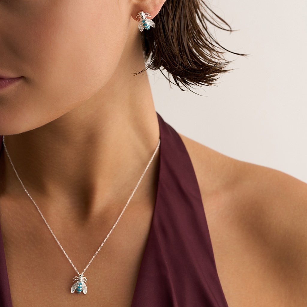 Single Bee Necklace with Turquois Enamel - Small( White)