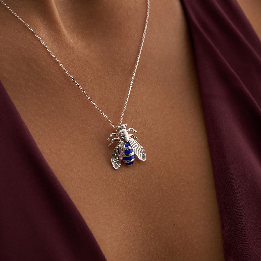 Single Bee Necklace with Navy Enamel - Medium