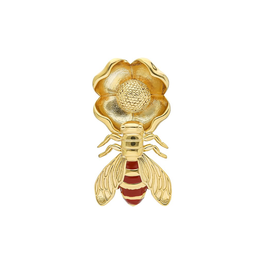 Bee on Flower Earring with Coral Enamel