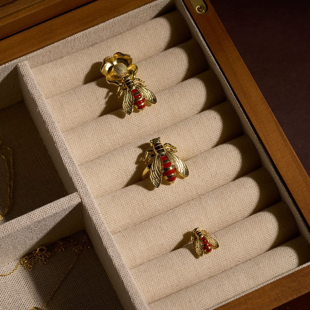 Bee on Flower Earring with Coral Enamel