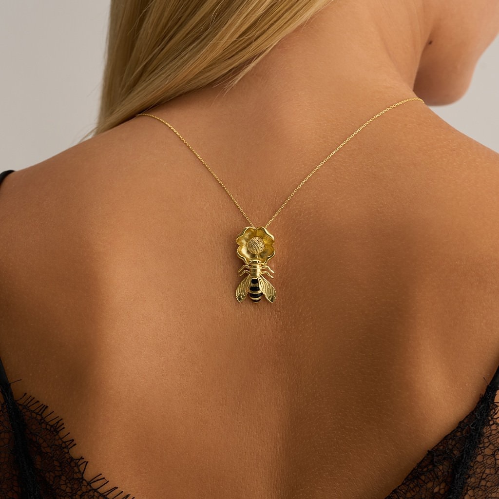 Bee on Flower Necklace with Black Enamel