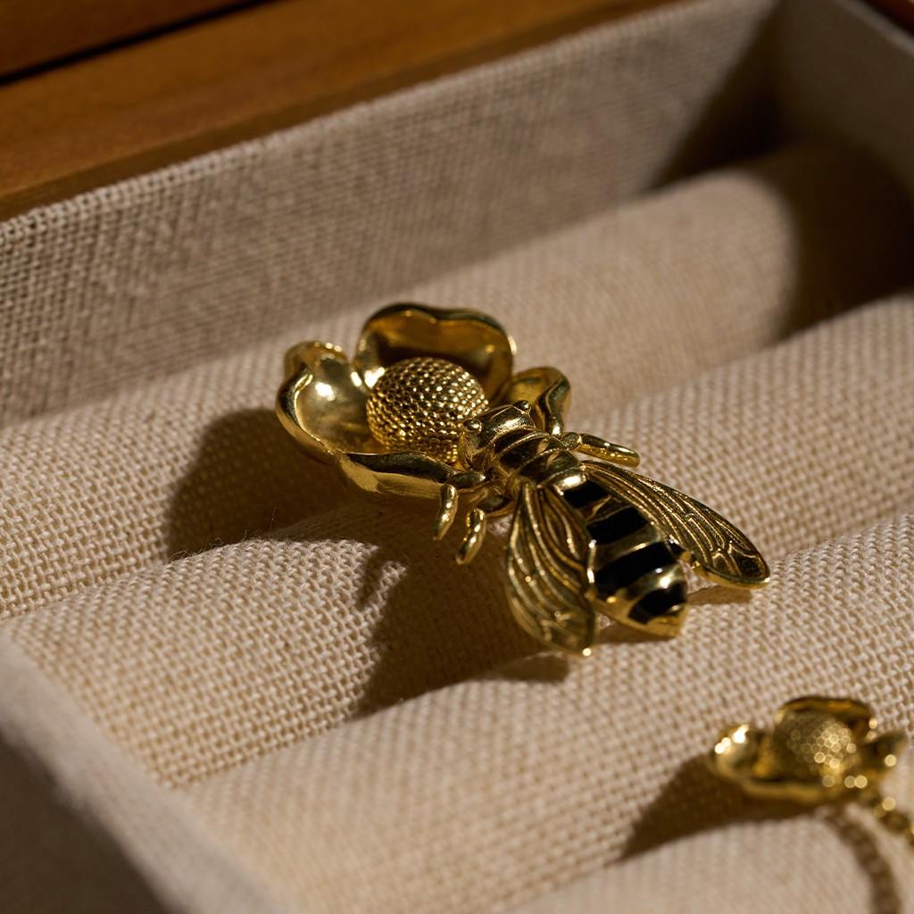 Bee on Flower Earring with Black Enamel