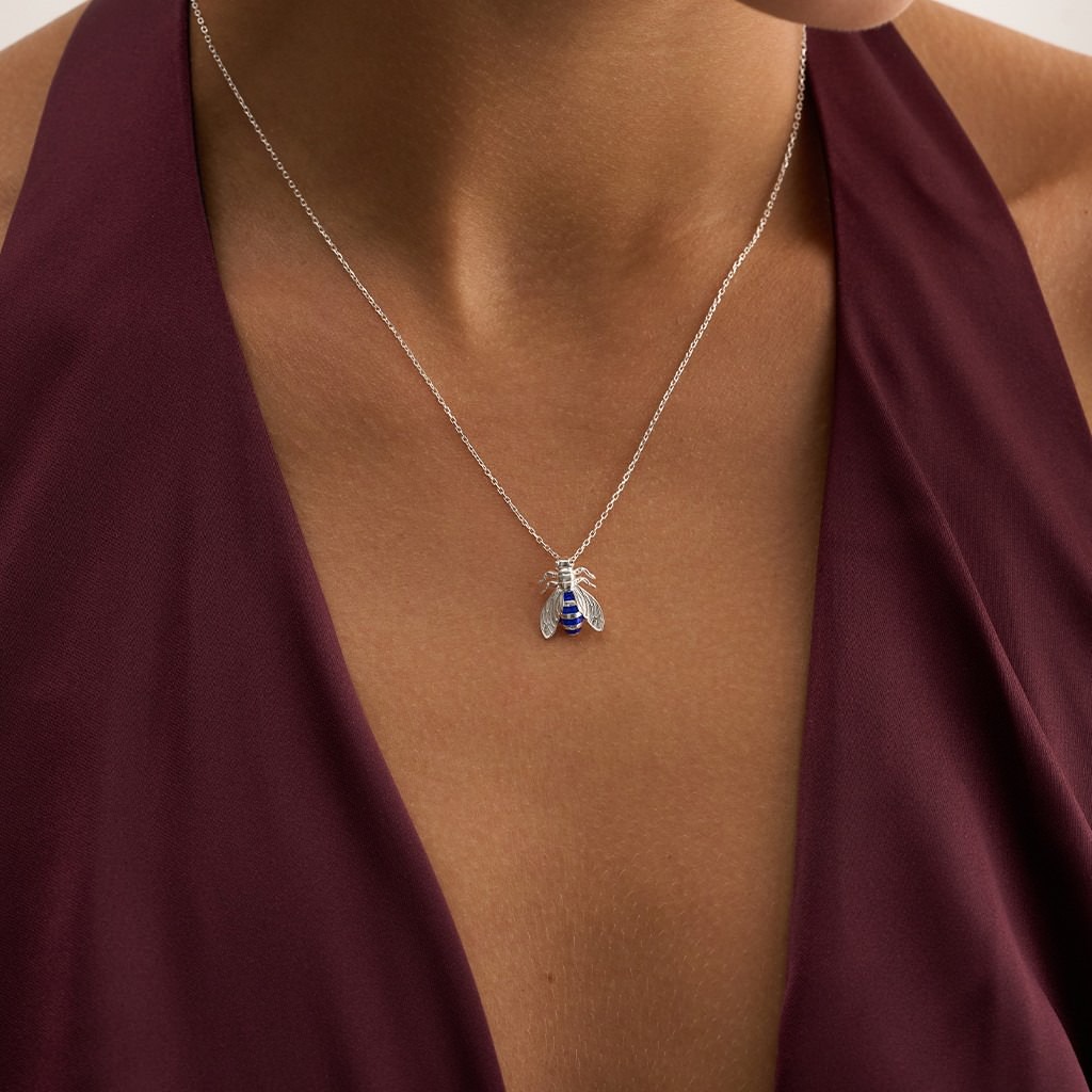 Single Bee Necklace with Navy Enamel - Small( White)