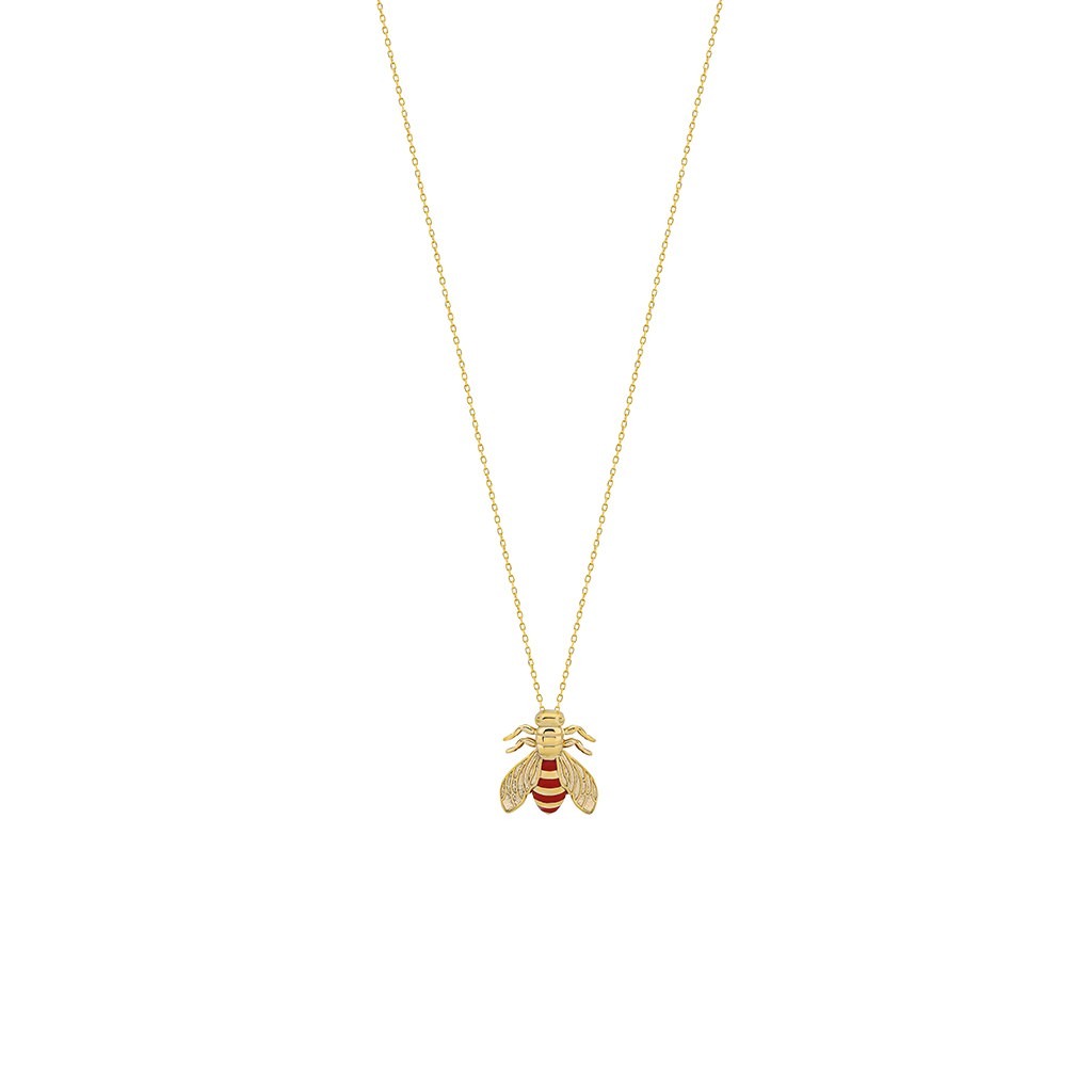 Single Bee Necklace with Coral Enamel - Medium