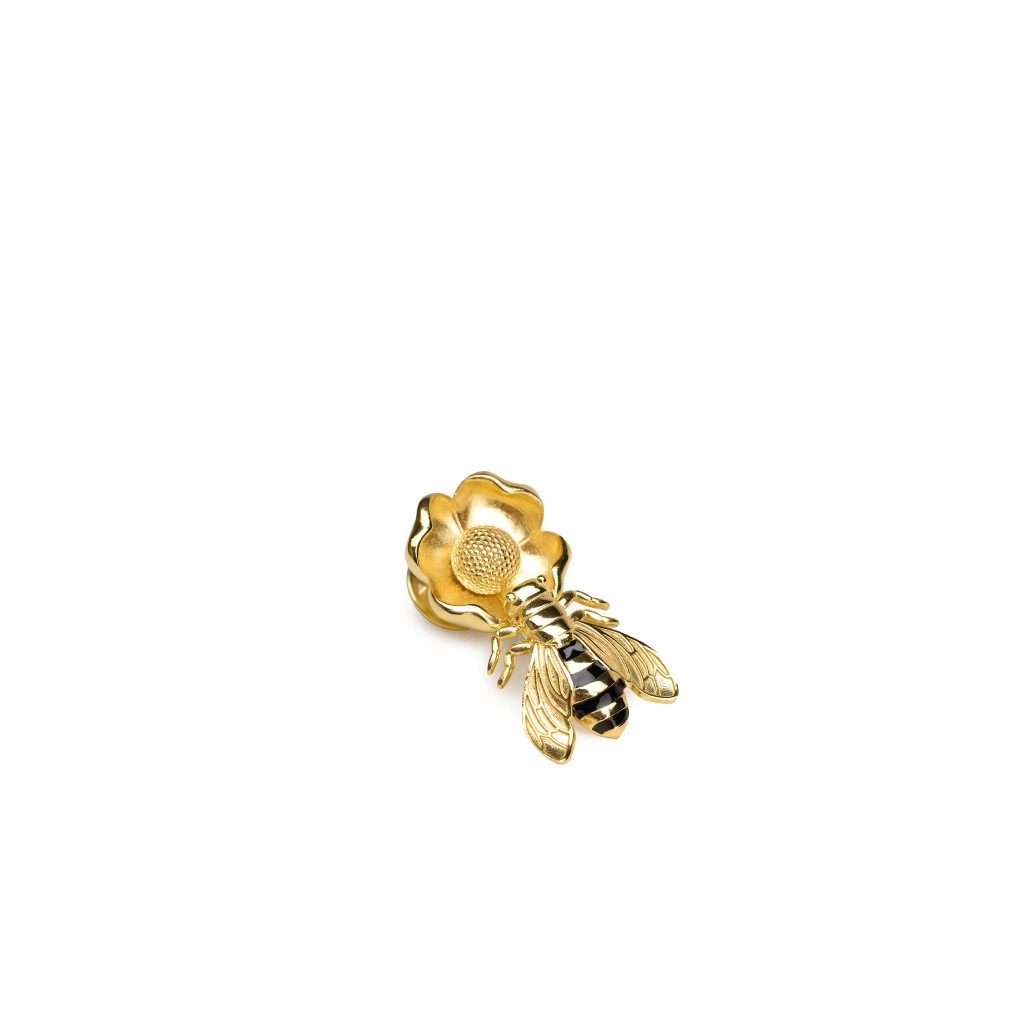 Bee on Flower Pin with Black Enamel