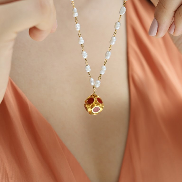 Orbis Pearl Necklace - Cahide (Coral) Small Ball