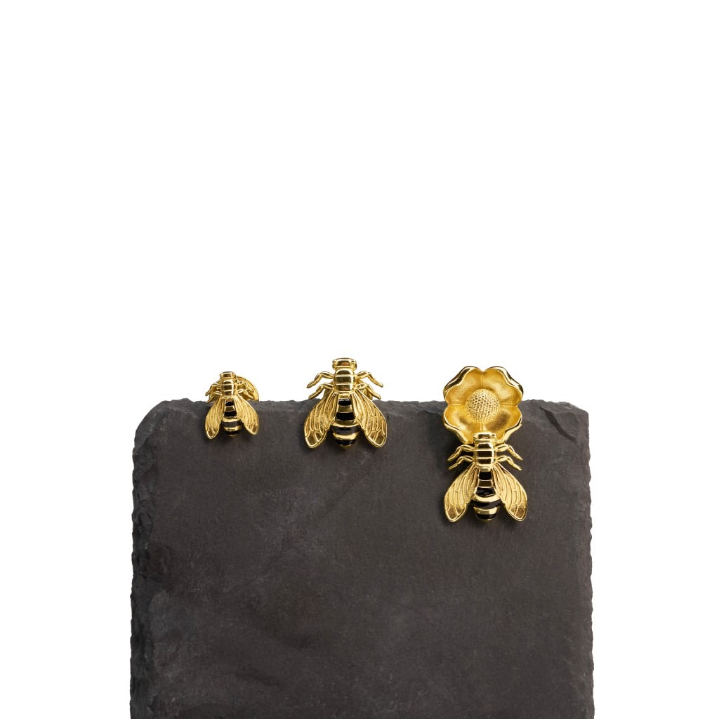 Bee on Flower Pin with Black Enamel