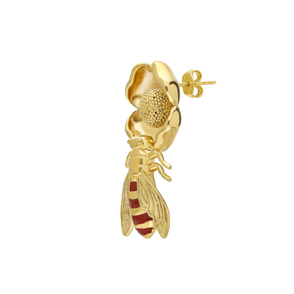Bee on Flower Earring with Coral Enamel